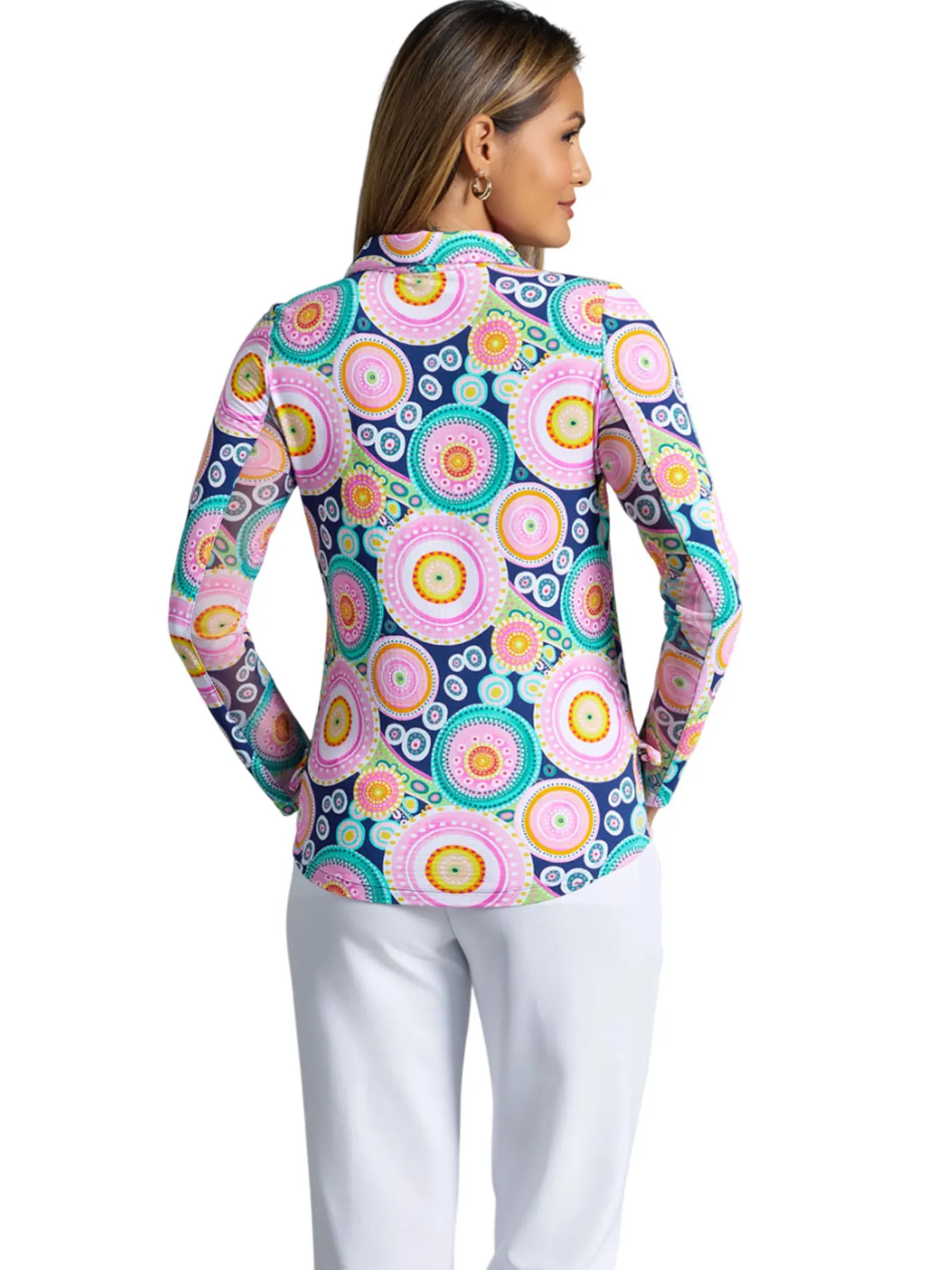 Women IBKUL Leona Print Long Sleeve Zip Polo - Navy Multi