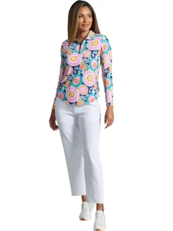 Women IBKUL Leona Print Long Sleeve Zip Polo - Navy Multi