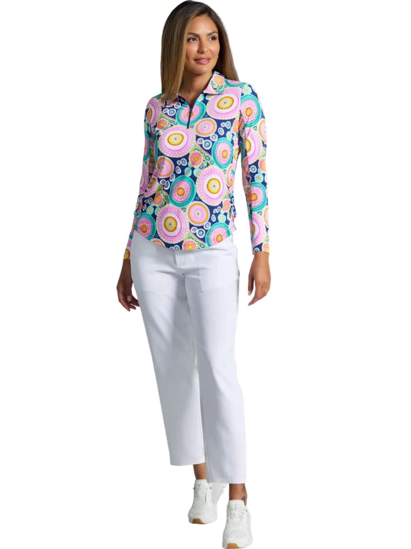 Women IBKUL Leona Print Long Sleeve Zip Polo - Navy Multi