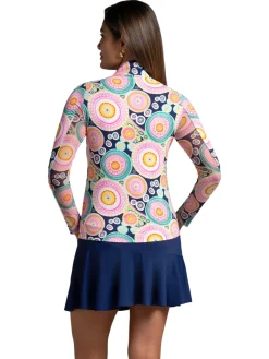 Women IBKUL Leona Print Long Sleeve Mock Neck Top - Seafoam Multi