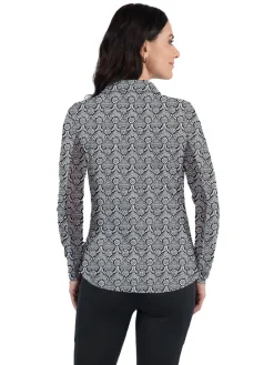 Women IBKUL Leslie Print Long Sleeve Zip Polo - Black/White