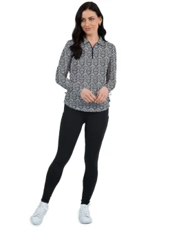 Women IBKUL Leslie Print Long Sleeve Zip Polo - Black/White