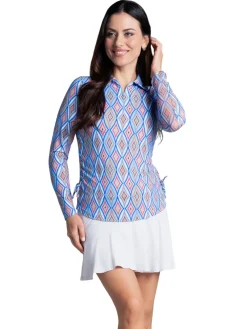 Women IBKUL Romina Print Long Sleeve Zip Polo - Blue Multi