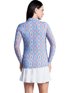 Women IBKUL Romina Print Long Sleeve Zip Polo - Blue Multi