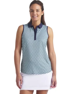 Women Puma Womens CLOUDSPUN Scallop SL Golf Polo - Sea Glass/Green Terrain